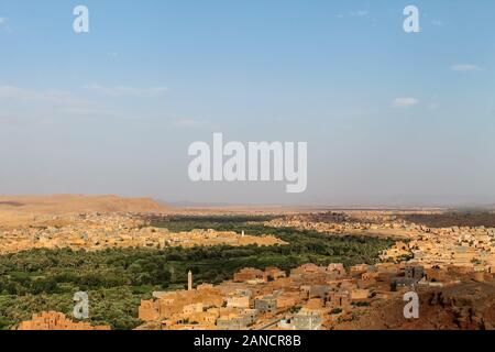 Panoramic view on the oasis of Tinghir in the Dades valley near the Tondra River in southern Morocco. Stock Photo