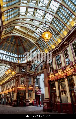 Internal view of the historic Leadenhall Market, London, England, UK. It is one of the oldest markets in London, dating back to the 14th century.
