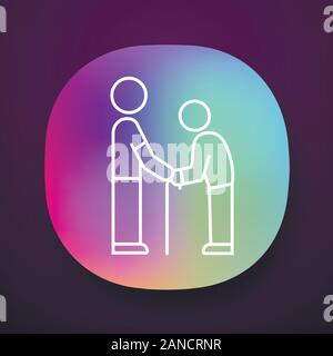 Elderly people help app icon. Volunteer responsibility for old people. Caring about old parents. Man hold senior by hands. UI/UX user interface. Web o Stock Vector