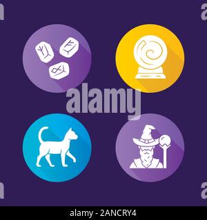 Magic flat design long shadow glyph icons set. Runestones, fortune telling crystal ball, witch cat, wizard. Witchcraft and sorcery halloween symbols. Stock Vector