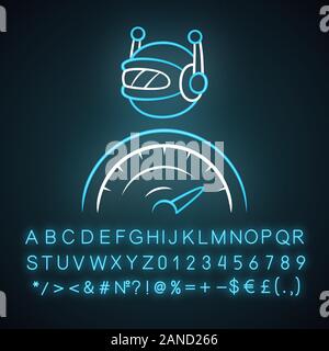 Optimizer bot neon light icon. Search engine optimization. Software program. Artificial intelligence. Functional bot. Glowing sign with alphabet, numb Stock Vector