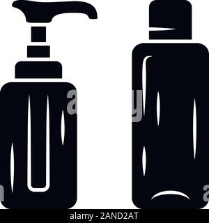 Empty reusable containers  glyph icon. Shampoo and soap bottles for travel. Personal hygiene, self care products. Travelling item. Silhouette symbol. Stock Vector