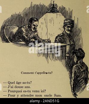 L'oncle Sam en France; lecture, conversation, composition . e un jeunegredin. Je Pai trouve la-haut en observation sur lerempart, faisant semblant de dormir. Pour detournerles soup&lt;jons, il fait le fou. II parle dun oncle . . Tarn. — ((Sam» rectifie le petit gargon. — Voyons, comment tappelles-tu? nom de familleet prenoms. — Dupont (Henri-Gaspard), monsieur le Commis-saire, mais mes camarades de Paris mont surnomme((Chocolat)) parce que je leur donne sou vent duchocolat. — Tu nes done pas de Saint-Malo? — Non, monsieur le Commissaire. Jarrive de Paris. — Tu as fait le voyage #t out seul? — Stock Photo