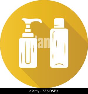 Empty reusable containers flat design long shadow glyph icon.Shampoo and soap bottles for travel. Personal hygiene, self care products. Trip equipment Stock Vector