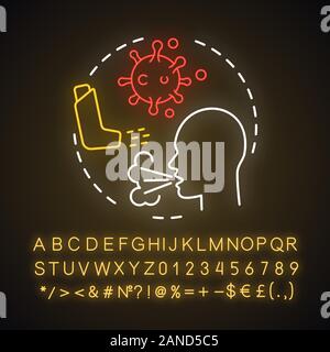 Respiratory allergies neon light concept icon. Airborne allergic diseases idea. Asthma inhaler, coughing person, bacteria. Glowing sign with alphabet, Stock Vector