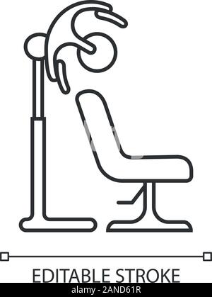Stand hairdryer linear icon. Hood hair dryer and comfortable chair. Hairdressing salon equipment. Thin line illustration. Contour symbol. Vector isola Stock Vector