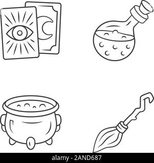 Magic linear icons set. Tarot cards, potion, witch cauldron and broomstick. Witchcraft and sorcery Halloween items. Thin line contour symbols. Isolate Stock Vector