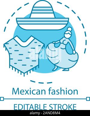 Mexican fashion concept icon. South American traditional clothes. Poncho, sombrero, woman in long dress idea thin line illustration. Vector isolated o Stock Vector