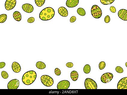 Horizontal easter frame with colored eggs isolated on white background. Copy space. Place for text. Vector stock template. Stock Vector