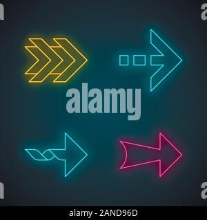 Arrows neon light icons set. Double, dotted, twisted, wide next arrows. Arrowhead showing right direction. Pointing symbol. Pointer, indicator. Glowin Stock Vector