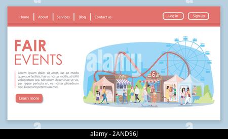 Fair events landing page vector template. City funfair, amusement park website interface with flat illustrations. Summer market, festival. Fairground Stock Vector