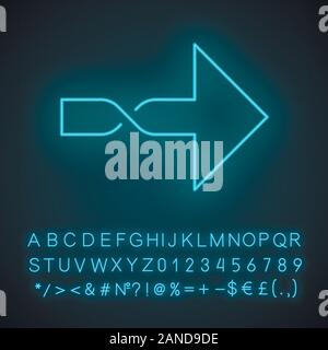 Twisted arrow neon light icon. Direction arrowhead. Arrow indicating rightward. Pointer, indicator. Next. Motion signpost. Glowing sign with alphabet, Stock Vector
