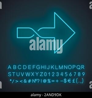 Twisted arrow neon light icon. Direction arrowhead. Arrow indicating rightward. Pointer, indicator. Next. Motion signpost. Glowing sign with alphabet, Stock Vector