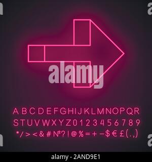 Right arrow neon light icon. Forward pointer. Path indicator, designator. Arrow pointing rightward. Navigation cursor. Glowing sign with alphabet, num Stock Vector