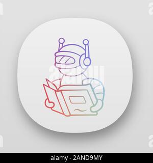 Text reading bot app icon. Screen reader application. Virtual assistant. Robot with book. Software application. UI/UX user interface. Web or mobile ap Stock Vector
