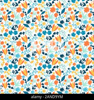 vector floral pattern in doodle style with flowers and leaves. Gentle, spring floral background Stock Vector