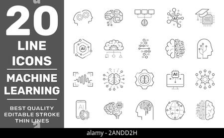 Line icons set of AI machine learning and data science technology. Modern linear pictogram concept. Premium quality outline symbols collection Stock Vector