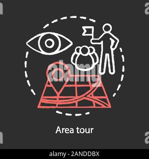 Area tour chalk concept icon. Tourism, visiting sights, landmarks idea. Guide leading tourists group, showing attractions. Finding location on map. Ve Stock Vector