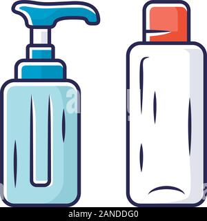 Empty reusable containers color icon. Shampoo and soap bottles for travel. Personal hygiene, self care products. Travelling, trip equipment, item, acc Stock Vector