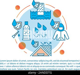 Waterproof covering article page vector template. Brochure, magazine, booklet design element with linear icons and text boxes. Moisture protection. Pr Stock Vector