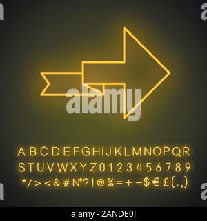 Arrow with folding line neon light icon. Right turning arrowhead. Next ribbon arrow. Direction indicator. Motion pointer. Glowing sign with alphabet, Stock Vector