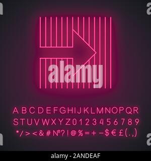 Arrow on striped backdrop neon light icon. Arrow pointing to right direction. Motion. Navigation indicator. Direction move. Glowing sign with alphabet Stock Vector