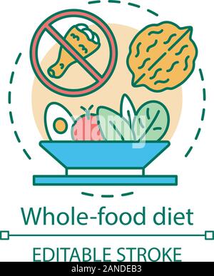 Whole food diet concept icon. Vegetarian nutrition idea thin line illustration. Healthy meal, vegan lifestyle. Chicken, walnut and vegetable salad vec Stock Vector
