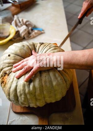 Preparing and cutting a fresh bio pumpkin Stock Photo