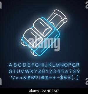 Large luggage suitcase on wheels neon light icon. Packed baggage, travel bag with handles. Airplane suitcase. Glowing sign with alphabet, numbers and Stock Vector