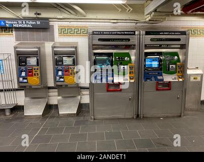 MetroCard vending machines in the Fulton Street subway station in downtown Manhattan, New York City. Stock Photo