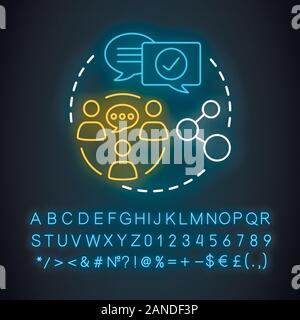 Social life neon light concept icon. Interpersonal relationships, socializing, networking idea. Glowing sign with alphabet, numbers and symbols. Commu Stock Vector