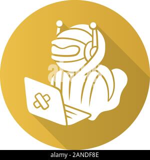 Hacker bot flat design long shadow glyph icon. Virus robot. Cyber pirate attack, crime, cybercrime. Computer virus. Malicious software, AI. Hacking co Stock Vector