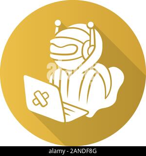 Hacker bot flat design long shadow glyph icon. Virus robot. Cyber pirate attack, crime, cybercrime. Computer virus. Malicious software, AI. Hacking co Stock Vector