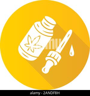 CBD oil flat design long shadow glyph icon. Weed product. Cannabis industry. Medical uses of ganja. Hemp distribution and sale. Alternative medication Stock Vector