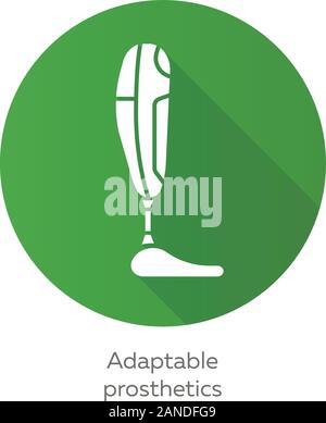 Adaptable prosthetics green flat design long shadow glyph icon. Body part replacing. Mechanical artificial limb. Bionic foot. Bioengineering. Adaptabl Stock Vector