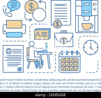 Full-time employment article page vector template. Working day. Brochure, magazine, booklet design element with linear icons and text boxes. Print des Stock Vector