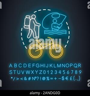 Recreation outdoors neon light concept icon. Active rest, hiking, riding bicycle idea. Glowing sign with alphabet, numbers and symbols. Lake, river va Stock Vector