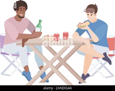 Two men eat and chat at table flat vector illustration. Guys with hot dogs and soft drinks, folding furniture. Couple of friends at city picnic isolat Stock Vector