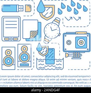 Waterproof, water resistant electronics article page vector template. Brochure, magazine, booklet design element with linear icons and text boxes. Pri Stock Vector