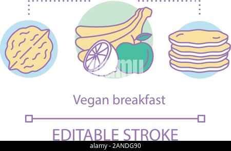 Vegan breakfast, vegetarian nutrition concept icon. Healthy lifestyle idea thin line illustration. Organic food. Fresh fruits, walnut and pancakes vec Stock Vector