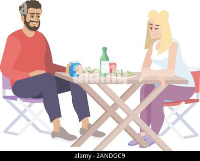 Man and woman at lunch flat vector illustration. Coupe of people, food and drinks, folding chairs, table. Cute guy and girl at street food cafe meetin Stock Vector