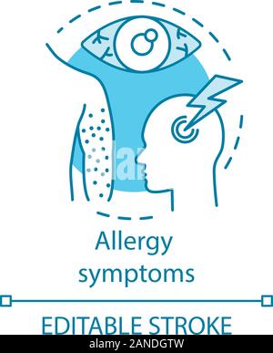 Allergy symptoms concept icon. Organism reactions to allergens idea thin line illustration. Skin rash, hives, allergic conjunctivitis, migraine. Vecto Stock Vector