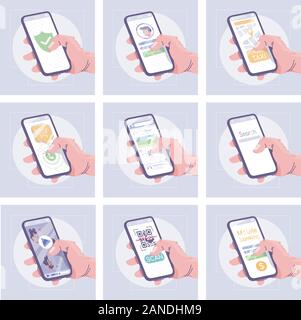 Smartphone apps flat vector illustrations set. Modern mobile technology cartoon concept. Various applications interface idea. Users hands holding cell Stock Vector