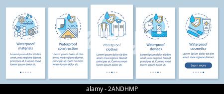 Waterproof materials onboarding mobile app page screen with linear concepts. Moisture resistant devices walkthrough steps graphic instructions. UX, UI Stock Vector