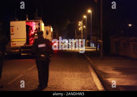 Crumlin, Northern Ireland. 16th Jan, 2020. British Army bomb disposal experts arrived at the scene on the Lurgan Road and Maple Park area of Crumlin, County Antrim, Northern Ireland on Jan 17, 2020. Homes were evacuated by PSNI police officers after a suspicious object was found close to a housing development late Thursday evening. Credit: Irish Eye/Alamy Live News Stock Photo