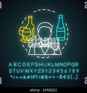 Bartender neon light icon. Barman, barkeeper. Restaurant, bar staff. Catering business. Alcoholic beverage in bottle. Glowing sign with alphabet, numb Stock Vector