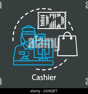 Cashier chalk icon. Counter, shop employee. Retail store staff. Checkout operator. Sales clerk at store. Seller, saleswoman behind the cash register. Stock Vector