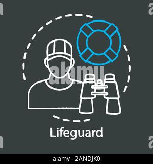 Lifeguard chalk icon. Professional rescuer. Beach emergency rescue. Summer part time job. Lifeguard equipment, ring buoy, binoculars. Expert swimmer. Stock Vector