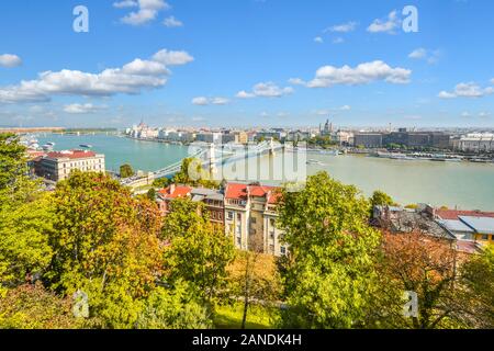 Early autumn view of the Danube River and Parliament from the Castle District in Budapest Hungary with the Chain Bridge joining Buda and Pest Stock Photo