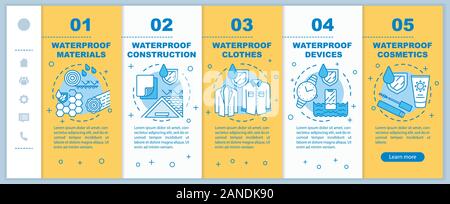 Water resistant, hydrophobic coating onboarding mobile web pages vector template. Responsive smartphone website interface idea with linear illustratio Stock Vector